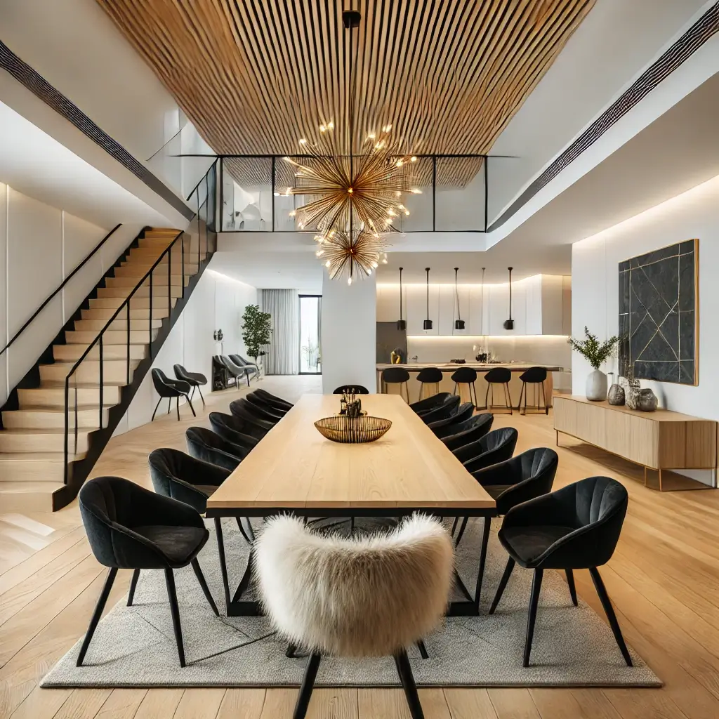 Modern dining area with a wooden table and chairs